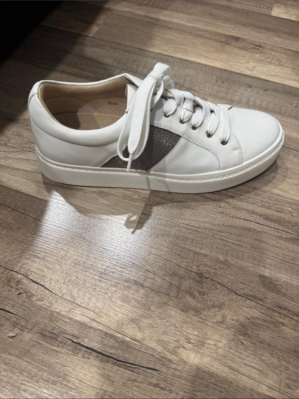 New Vaneli Sport Women’s White Leather Lace-Up Sneaker with Metallic Accent